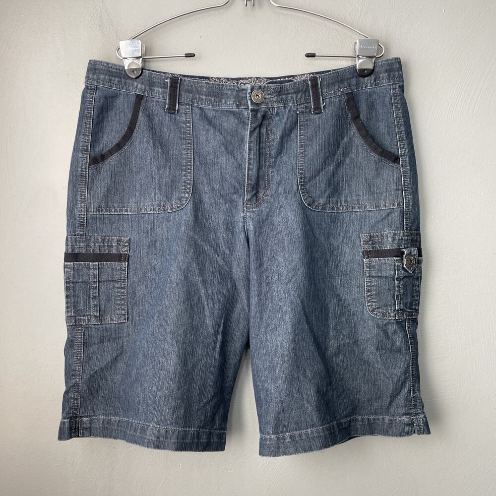 Gloria Vanderbilt Bermuda Shorts Size 14 Blue Stretch Denim Casual Cargo Jorts